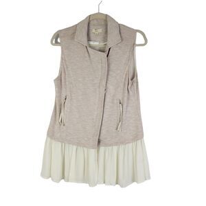ODDY Sweater Vest Ladies size M Beige Bottom Ruffle Full Zip Pocket Collared NEW